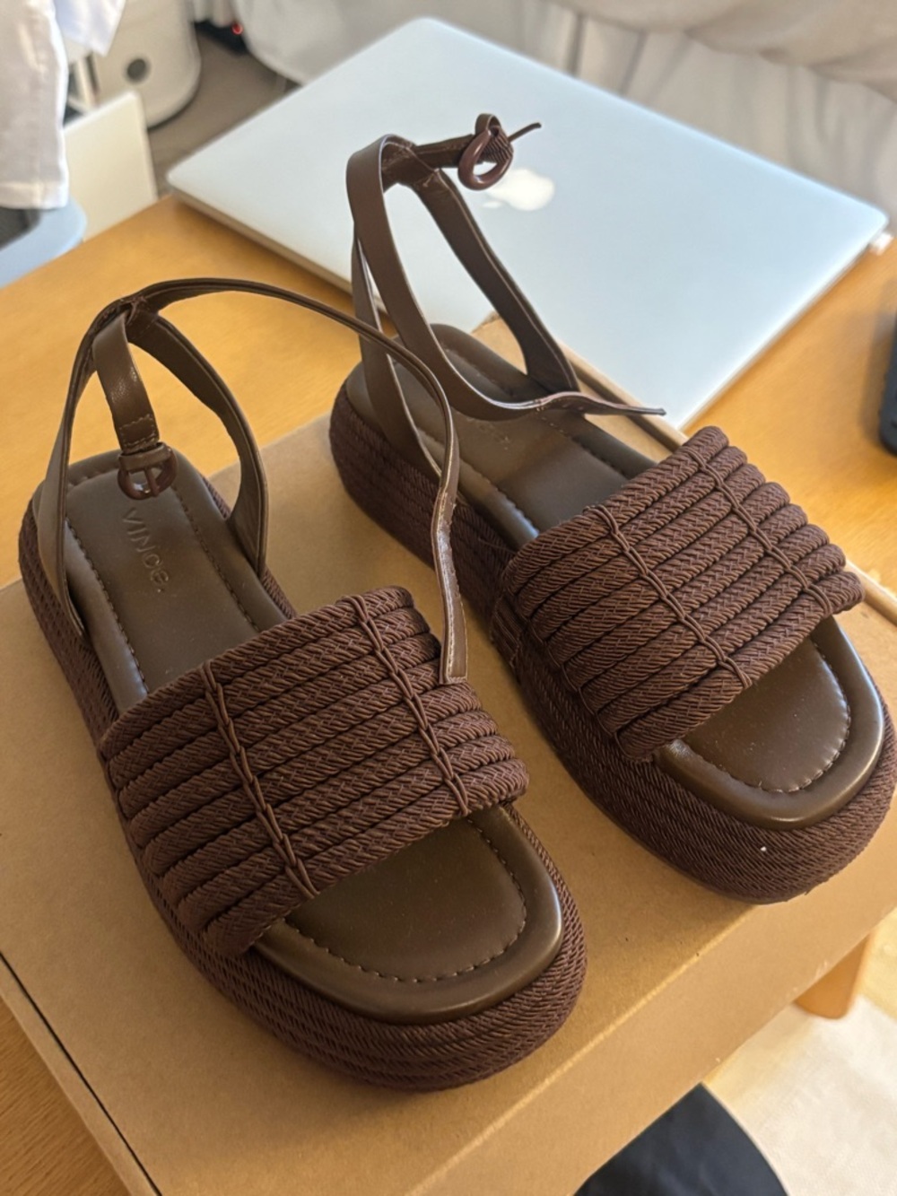 Vince Chocolate Brown Rope-Detail Platform Sandals